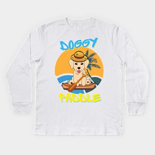 Cute golden retriever doing the doggy paddle on a boat Kids Long Sleeve T-Shirt